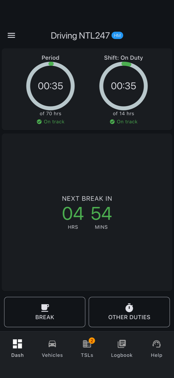 logmate driver dashboard mid-shift: compliance rings on track, next break in 4h 54m