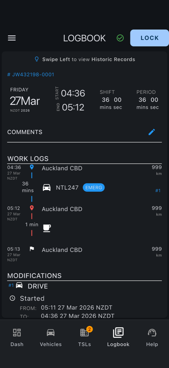 logmate logbook with an active shift recorded in Auckland CBD