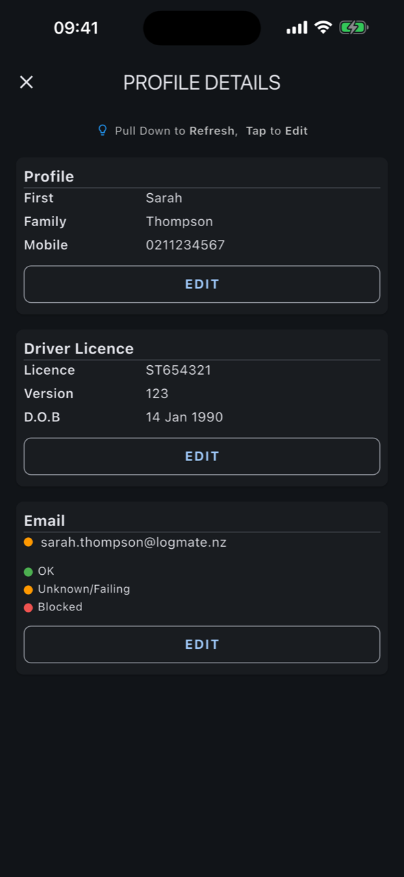 logmate driver profile with licence details
