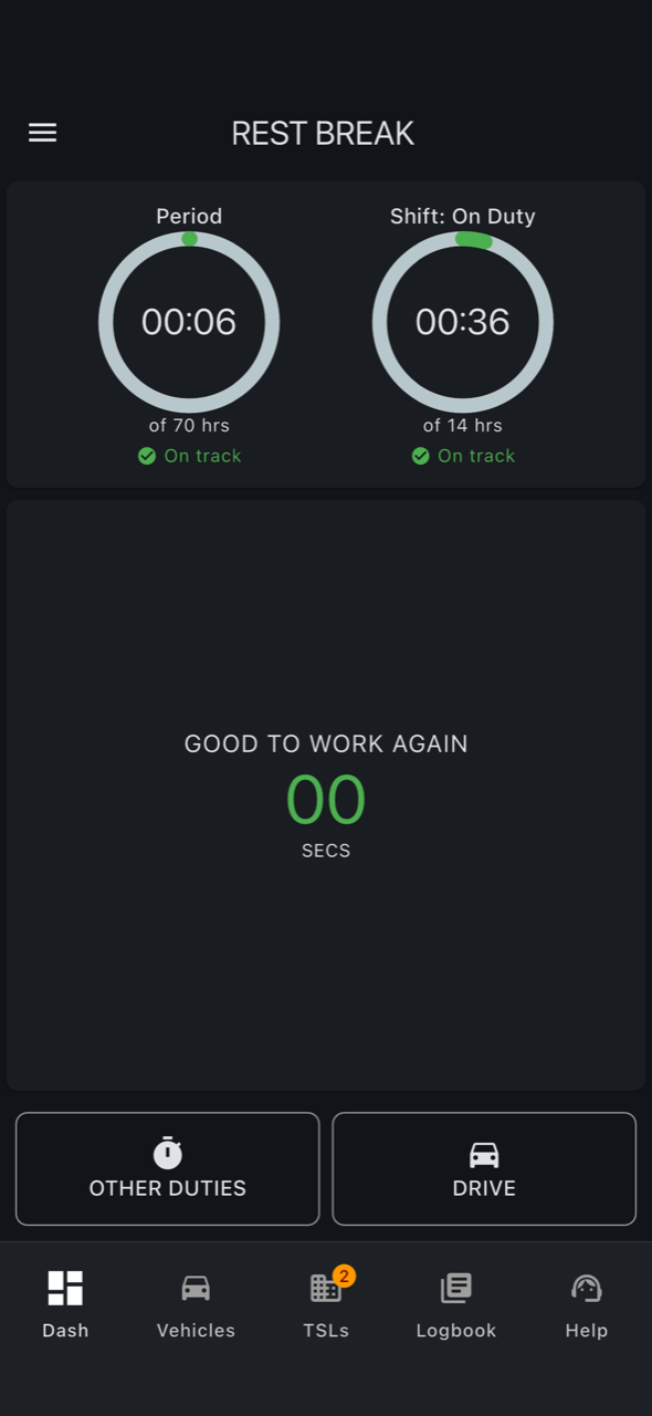 logmate rest break screen: good to work again countdown complete
