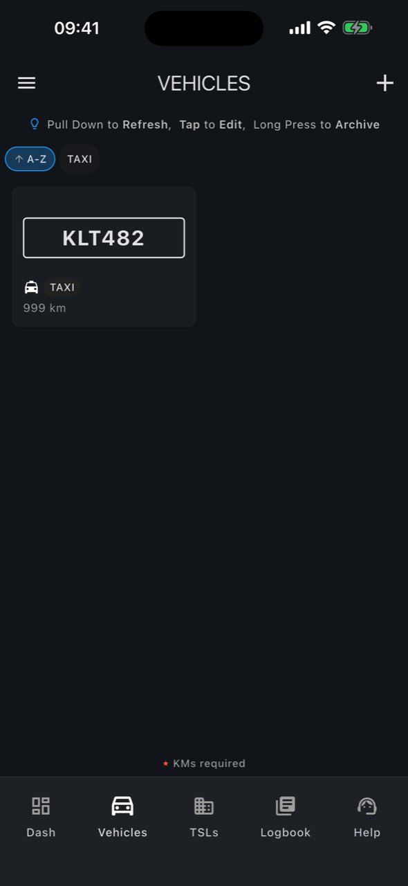 logmate vehicles list showing a registered taxi